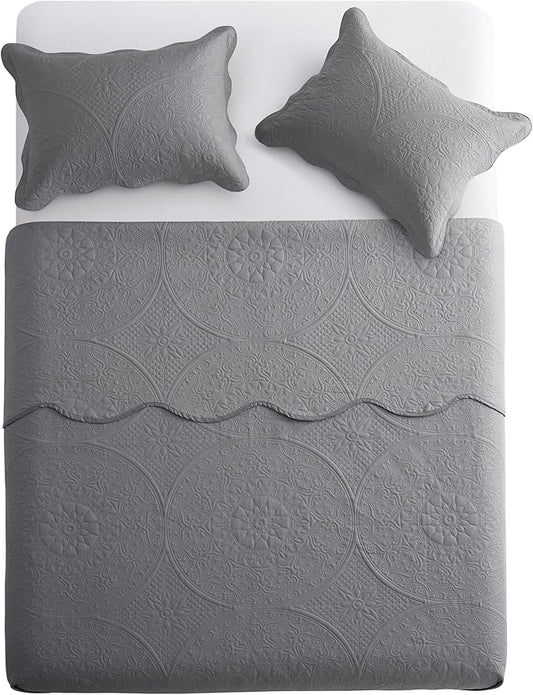 IR Imperial Rooms Twin Quilt Bedding Set Size (68” x 86”) + 1 Pillow Shams (20” x 26” + 2”) - 2 Pcs All Season Lightweight Reversible Microfiber Coverlet Floral Embossed Quilt Bedspread (Grey)