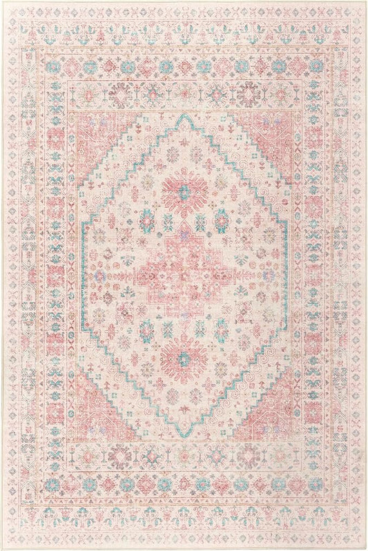 zesthome 6x9 Washable Rugs for Baby Girl, Super Soft Pink Rugs for Nursery Room, Non-Slip Stain Resistant Bedroom Rug, Ultra-Thin Large Area Rug (Pink/Blue,6'x9')