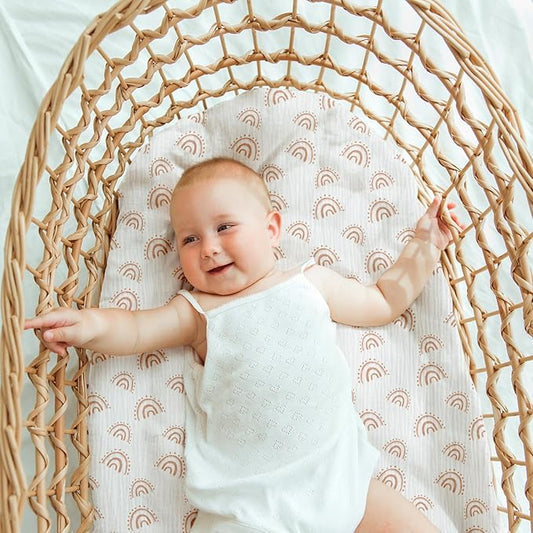 Muslin Bassinet Fitted Sheets, 2 Pack for Baby Boy and Girl, Soft Breathable Baby Pad/Mattress Sheet, Fit for Hourglass Oval and Rectangle Bassinet Mattress (Lattice Rainbow)