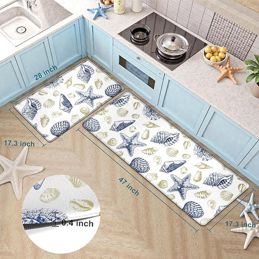 Kitchen Mats for Floor Cushioned Anti Fatigue Sets of 2 Beach Theme Kitchen Rugs Non Slip Waterproof Coastal Foam Kitchen Floor Rug Nautical Seashell Comfort Standing Mat for Sink Laundry, Navy