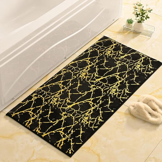 QJHOMO Marble Bathroom Runner Rug Gold Decor Long Bathroom Rugs Black Bath Mat Non Slip Super Absorbent Bathmat Machine Washable Floor Carpet for Tub, Shower, Bedroom (24x48 inch)