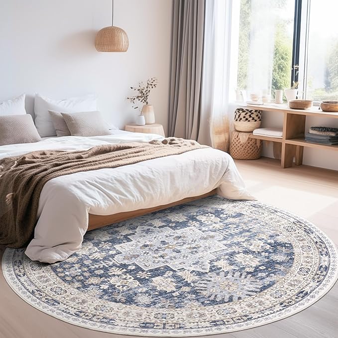 zesthome Washable Round Rug - 5ft Ultra-Thin Circle Area Rugs, Vintage Non-Slip Low Pile Rug for Living Room, Stain Resistant Rug for Bedroom, Entryway, Kitchen, Nursery