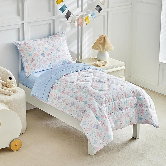 JHXHMX Butterfly Toddler Bedding Set for Girls,4 Pieces Bed-in-a-Bag Toddler Bed Set,Soft Crib Comforter Sheet Set Including Comforter,Fitted Sheet,Flat Sheet and Pillowcase-White