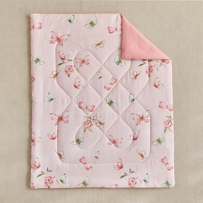 DuShow Pink Butterfly Toddler Bedding Set for Girls,4 Pieces Toddler Bed Set,Seersucker Toddler Comforter Set,Includes Comforter,Flat Sheet,Fitted Sheet and Pillowcase