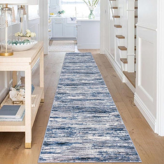 2.6x16 Modern Abstract Runner Rug for Hallways, Navy Blue Gray Neutral Multi Super Soft Hallway Decor Kitchen Rugs with Non-Slip, Non-Shedding Washable Rug for Entryway Bedroom Indoor