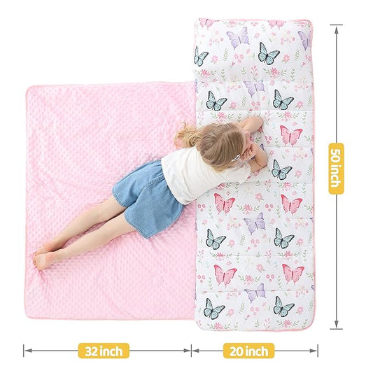 Viviland Toddler Kid Nap Mat for Preschool, White Butterfly Slumber Bag, Daycare Sleeping Bag with Pillow and Blanket, Kindergarten Sleep Mat