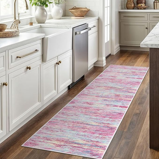 2x6 Modern Abstract Runner Rug for Hallways, Pink Colorful Super Soft Hallway Decor Kitchen Rugs with Non-Slip, Non-Shedding Washable Rug for Entryway Bedroom Indoor