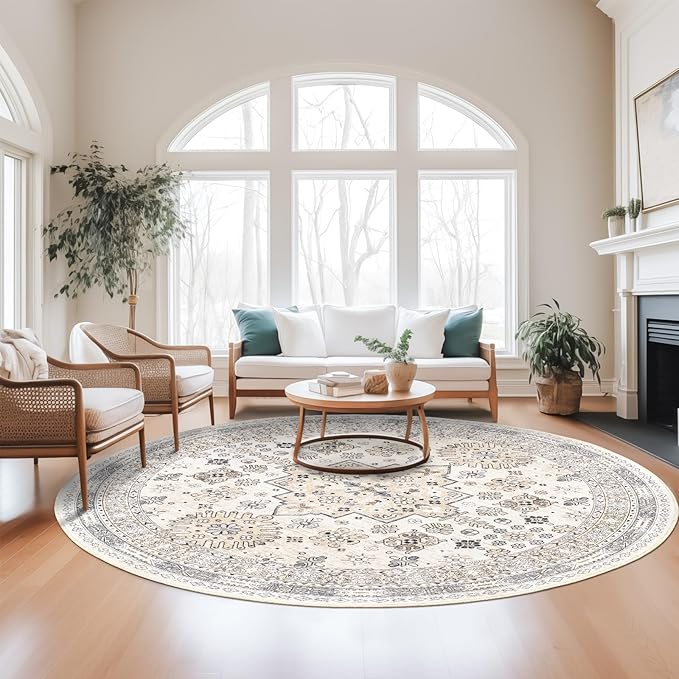 zesthome Washable Round Area Rugs - Non-Slip 6ft Round Rugs, Ultra-Thin Large Circle Rugs for Living Room, Soft Low Pile Rug for Bedroom, Kitchen, Nursery - Vintage Stain Resistant Round Rug