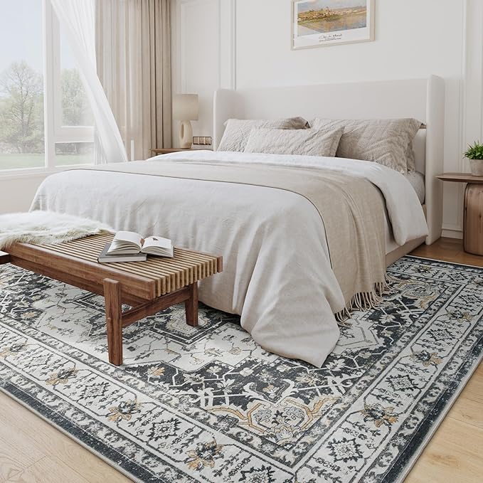 zesthome Washable Rug 6x9 Area Rugs,Stain Resistant Rugs for Living Room,Bedroom,Non-Slip Backing Home Decor Rug, Vintage Medallion Pattern Rugs (Black,6'x9')