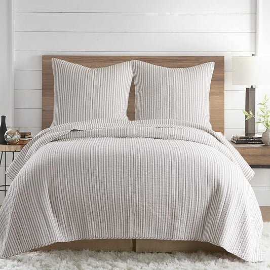 Levtex Home - Tobago Stripe Taupe - Quilted Taupe and White Shams Set of Two (26x26in.), No Insert - Pin Stripe - Cotton Fabric