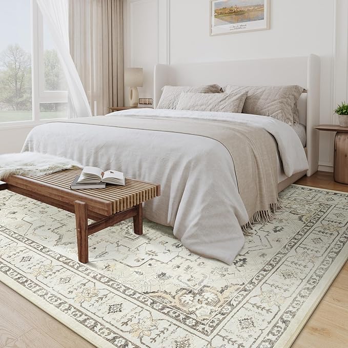 zesthome Washable Rug 6x9 Area Rugs,Stain Resistant Rugs for Living Room,Bedroom,Non-Slip Backing Home Decor Rug, Vintage Medallion Pattern Rugs (Beige,6'x9')