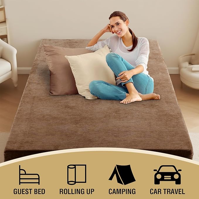 H.VERSAILTEX Full Size Armless Futon Mattress Covers for Traditional Japanese Futon Mattress Soft Chenille Couch Slipcovers Floor Mats Sofa Protector Zippered Sleeper Sofa Cover,Caramel