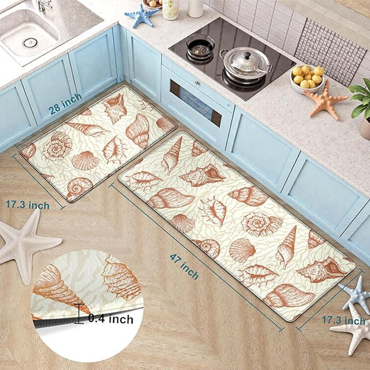Kitchen Mats for Floor Cushioned Anti Fatigue Sets of 2 Beach Theme Kitchen Rugs Non Slip Waterproof Coastal Foam Kitchen Floor Rug Nautical Coral Seashell Comfort Standing Mat For Sink Laundry, Coral