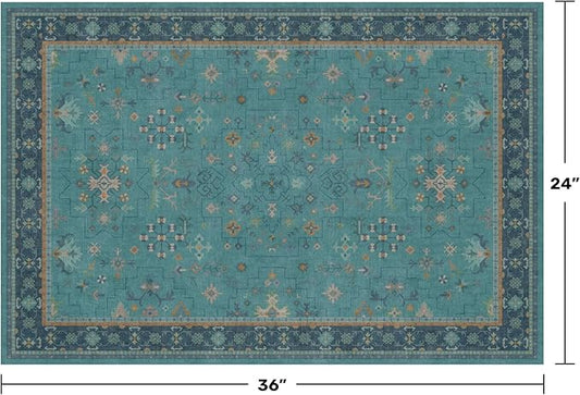 2x3 Washable Teal Rug for Entryway Indoor, Kitchen Floor Waterproof, Bathroom, Powder Room, Non Slip Low Pile Stain & Fade Resistant, Modern Turquoise Aqua Décor