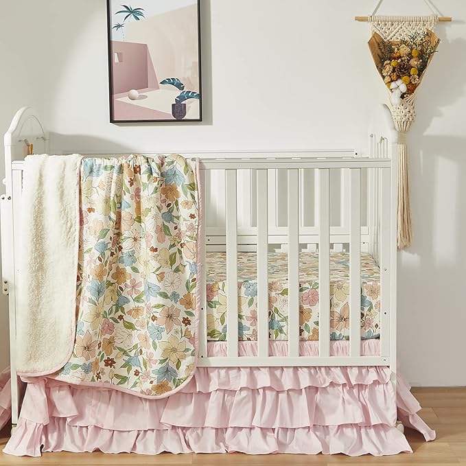 Brandream Crib Bed Skirt for Baby Girls Boys Blush Pink Boho Bohemian Solid Cotton Toddler Bedskirt Farmhouse Chic Ruffle