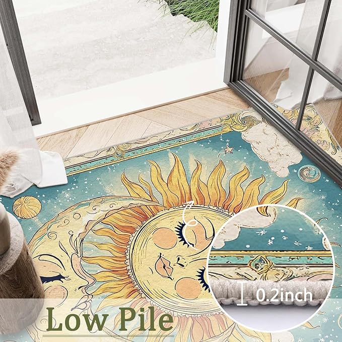 2x3 Sun and Moon Entryway Area Rug Blue Yellow Hippie Celestial Bathroom Rug Non-Slip Machine Washable Low Pile Small Carpet Kitchen Bedroom Door Mat Entrance