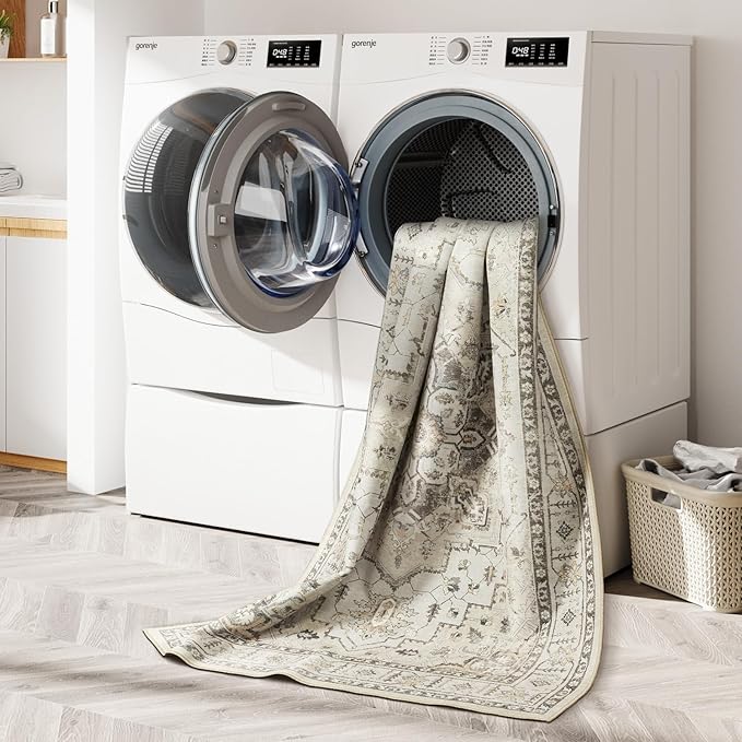 zesthome Area Rug 8x10,Ultra-Thin Washable Rugs for Living Room, Non-Slip Backing Area Rugs,Small Entryway Rug,Vintage Medallion Pattern Rugs (Beige,8'x10')