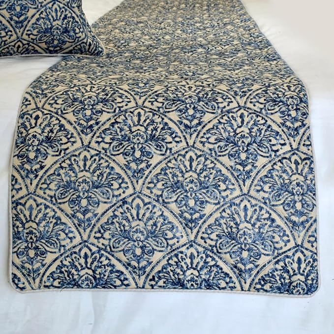 The HomeCentric King/Queen/Twin Blue Designer Full 68"x18" Bed Runner Without Pillow Cover, Embroidery, Quilted Bed Scarf on Cotton Fabric - Farzeen Blue