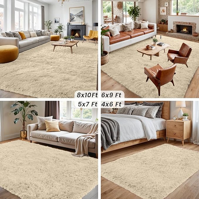 2x6 Bedside Area Rugs for Bedroom: Soft Fluffy Shag Beige Rug for Hallway, Non-Slip Fuzzy Plush Living Room Rug Indoor Floor Carpet for Kids Rooms, Dorm, Nursery, Modern Home Aesthetic Decor