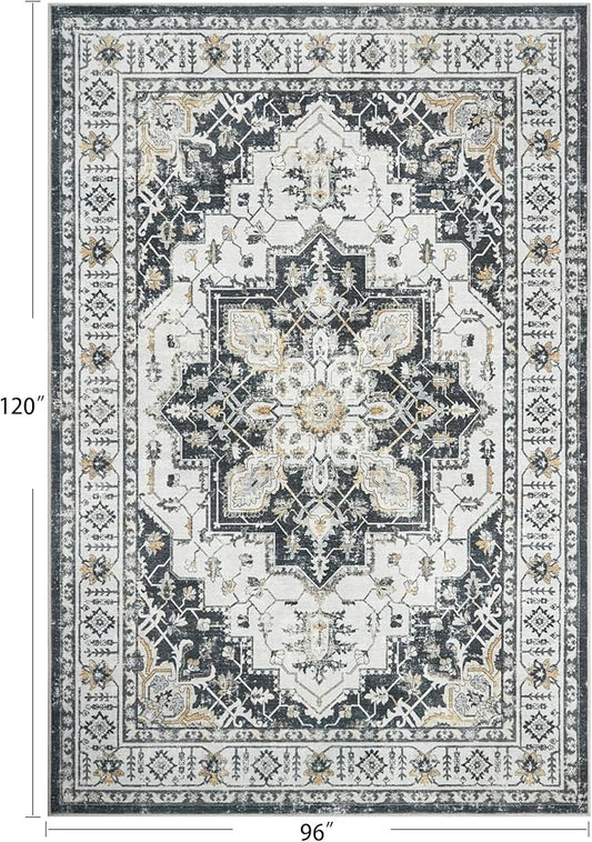 zesthome Area Rug 8x10,Ultra-Thin Washable Rugs for Living Room, Non-Slip Backing Area Rugs,Small Entryway Rug,Vintage Medallion Pattern Rugs (Black,8'x10')