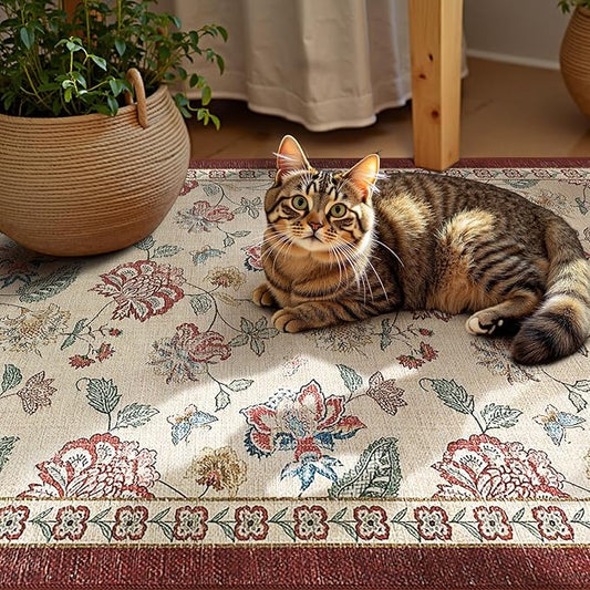 jinchan Elora 3x5 Floral Rug for Entryway Washable Rug Vintage Romance Design Christmas Small Mat Non Slip Indoor Doormat Lightweight Low-Profile Throw Carpet for Bathroom Laundry Room, Red/Beige