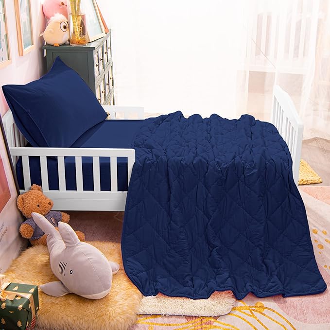 4-Piece Toddler Bedding Set for Girls and Boys – Soft and Breathable Crib Bedding with Quilted Comforter, Fitted Sheet, Flat Top Sheet and Envelope Pillowcase, Navy Blue