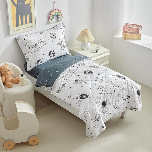 DuShow 4 Piece Toddler Bedding Set for Boys,White Space Crib Bedding Sheets Set,Soft Toddler Comforter Set Bed in a Bag | Include Comforter,Flat Sheet,Fitted Sheet,Pillowcase