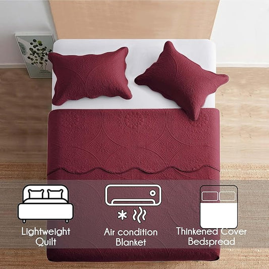 IR Imperial Rooms Twin Quilt Bedding Set Size (68” x 86”) + 1 Pillow Shams (20” x 26” + 2”) - 2 Pcs All Season Lightweight Reversible Microfiber Coverlet Floral Embossed Quilt Bedspread (Burgundy)