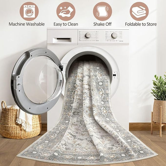 10x14 Area Rugs Living Room: Washable Boho Large Neutral Vintage Soft Rug Stain Resistant Distressed Farmhouse Non-Slip Indoor Floor Carpet for Bedroom Nursery Kids Office Dining Room- Taupe