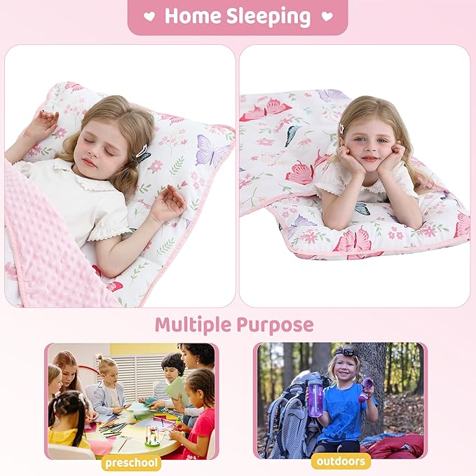Viviland Toddler Kid Nap Mat for Preschool, White Butterfly Slumber Bag, Daycare Sleeping Bag with Pillow and Blanket, Kindergarten Sleep Mat