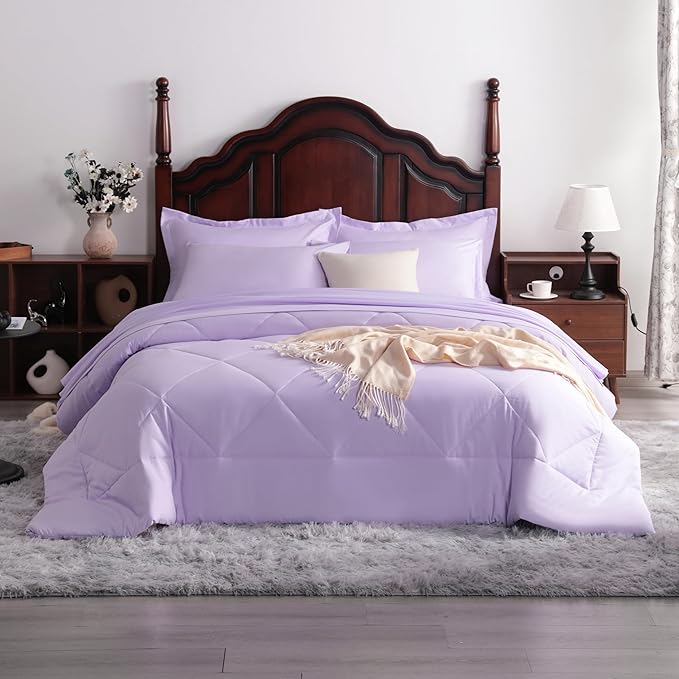 7-Piece Queen Comforter Set with Sheets – Soft and Breathable All-Season Queen Bed in a Bag, Down Alternative Comforter Set Solid Color All Season, Light Purple
