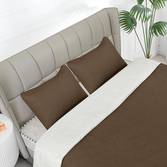 Easy-Going Full/Queen Size Reversible Quilt Set with 1 Quilt and 2 Pillow Shams, Soft Bed Quilt Cover, Water Resistant Lightweight Microfiber Bedspread, Stain Resistant, Olive Leaf-Camel/Ivory