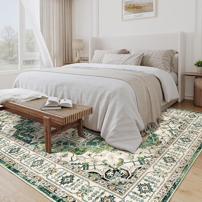 zesthome 9x12 Area Rugs,Stain Resistant Washable Rug,Ultra-Thin Rugs for Living Room,Bedroom,Non-Slip Backing Home Decor Large Area Rug (Green,9'x12')