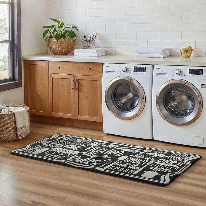 GENIMO Anti Fatigue Kitchen Mats for Floor, Non Slip Washable Kitchen Rules Theme Rugs sets of 2, Farmhouse Cushioned Waterproof Comfort Runner Rug for Kitchen, Sink, Laundry, 17"x 47"+17"x 30", Black