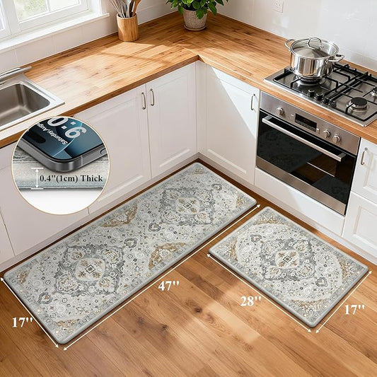 Ileading Anti Fatigue Kitchen Rugs Sets of 2 Cushioned Kitchen Mats for Floor Waterproof Kitchen Mat Set Non Slip Comfort Standing Mat for Kitchen, Office, Sink, Laundry