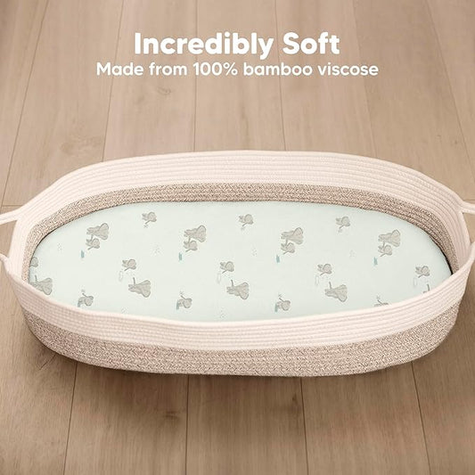 2-Pack Baby Bassinet Sheets Girl, Boy - 33x17 Viscose Derived from Bamboo Bedside Mattress Fitted Bassinet Sheets, Compatible with Halo Bassinest Swivel Sleeper, Baby Delight, Graco (Elly)