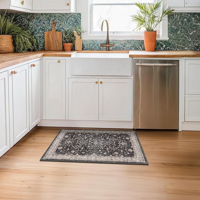 2x4 Entryway Runner Rugs, Small Runners for Kitchen, Door Mat Indoor Entrance, Bathroom, Non-Slip Low-Pile Washable Stain Resistant, Vintage Ashen Charcoal Floral Decor (Ashen/Multi)