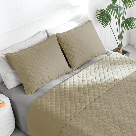 Easy-Going Twin Size Reversible Quilt Set with 1 Quilt and 1 Pillow Sham, Soft Bed Quilt Cover, Water Resistant Lightweight Microfiber Bedspread, Stain Resistant, Beige/Beige
