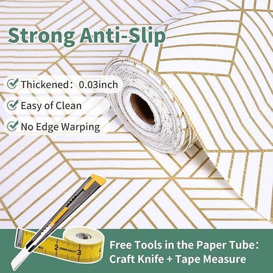 Shelf Liners for Kitchen Cabinets 17.5in x 20FT, Non Adhesive Cabinet Liner Strong Non-Slip Thickened Gold Geometric Drawer Liner, Easy to Clean for Shelf, Cabinet with Knife and Tape Measure