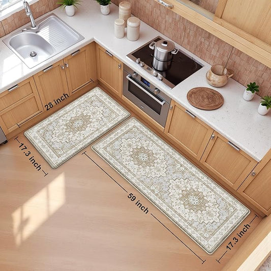 Boho Kitchen Mats for Floor 2 Piece Set Anti Fatigue Cushioned PVC Kitchen Rugs Non Slip Waterproof Farmhouse Mats 2/5 Inch Comfort Standing Mat for Sink, Laundry, 17.3"x59"+17.3"x28", Beige Tan