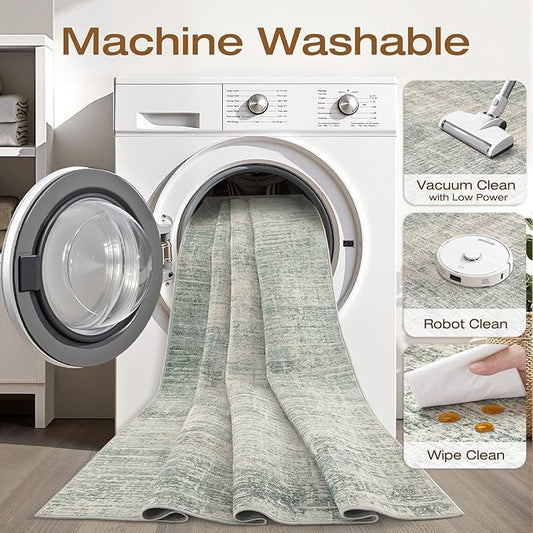 10x14 Area Rugs Living Room: Washable Large Neutral Green Rug Abstract Soft Modern Stain Resistant Indoor Floor Non-Slip Carpet for Bedroom Nursery Kids Office Playroom Dining Room Under Table Home