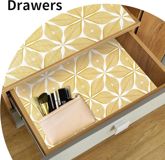 Shelf Liners for Kitchen Cabinets 23.62in x 20FT, Non Adhesive Cabinet Liner Strong Non-Slip Golden Leaf Drawer Liner, Easy to Clean for Shelf, Cabinet with Knife and Tape Measure