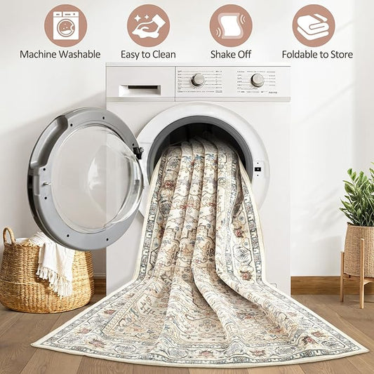 10x14 Area Rugs Living Room: Washable Boho Large Neutral Vintage Soft Rug Stain Resistant Farmhouse Non Slip Indoor Floor Carpet for Bedroom Nursery Kids Playroom Office Dining Room- Cream Blue