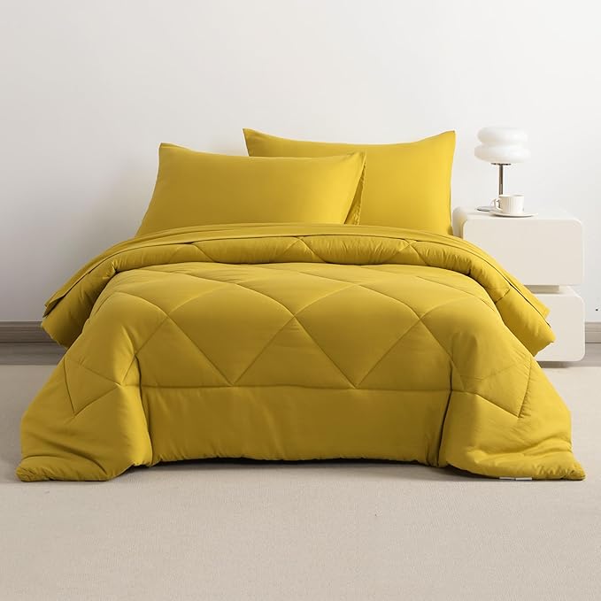 5-Piece Twin Comforter Set with Sheets – Soft and Breathable All-Season Twin Bed in a Bag, Down Alternative Comforter Set for Kids or Teens, Yellow