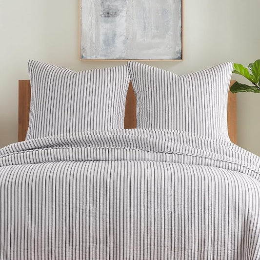 Levtex Home - Tobago Stripe Charcoal - Quilted Charcoal and White Shams Set of Two (26x26in.), No Insert - Pin Stripe - Cotton Fabric