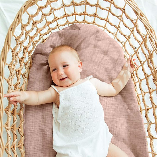 Muslin Bassinet Fitted Sheets, 2 Pack for Baby Boy and Girl, Soft Breathable Stretchy Baby Pad/Mattress Sheet Set, Universal Fit for Hourglass Oval and Rectangle Bassinet Mattress (Gentle Colors)