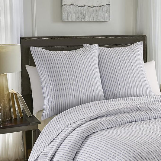 Levtex Home - Tobago Stripe Blue - Quilted Taupe and White Shams Set of Two (26x26in.), No Insert - Pin Stripe - Cotton Fabric