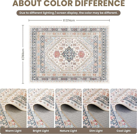 zesthome 6x9 Area Rug, Super Soft Washable Rugs for Living Room, Non-Slip Stain Resistant Vintage Rugs, Ultra-Thin Large Area Rugs (Multi,6'x9')