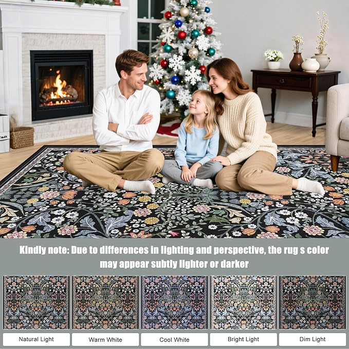 10x12 Area Rugs for Living Room: Floral Washable Rug Vintage Large Soft Boho Non-Slip Carpet Indoor Stain Resistant Low Pile Carpets for Bedroom Dining Room Farmhouse Nursery Home Office Dark Black