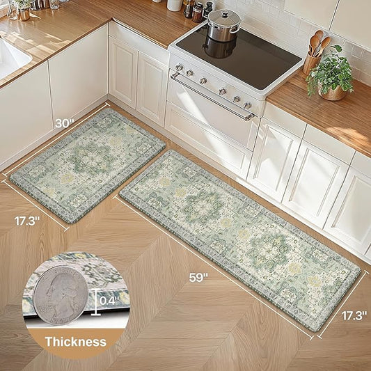 GENIMO Kitchen Mats for Floor 2PCs, Washable Anti Fatigue Mat for Cushioned, 17.3"x59"+17.3"x30", Waterproof Kitchen Rugs, Non Slip Comfort Standing Mat Rug for Home, Sink, Laundry, Light Green